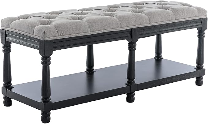 Farmhouse Storage Bench Wooden Entryway Linen Upholstered Ottoman Button Tufted Bench with Black Legs for Bedroom End of Bed Hallway Organizer, Grey, 45 Inch
