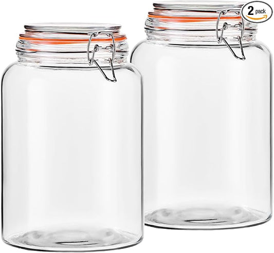 1 Gallon Wide Mouth Glass Jars, Airtight Leakproof Canisters with Lids, Clear Food Storage Containers for Pantry Kitchen, Great for Flour Sugar Rice Dry Goods, Pickling Fermenting, 2 Pack