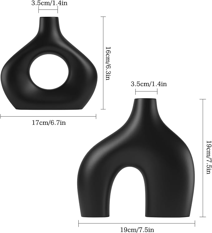 Zormon Ceramic Vase Set of 2, Black Round Pampas Grass Vases for Home Decor, Boho Donut Vases for Flowers, Nordic Minimalism Style for Table Centerpiece Living Room Bedroom Shelf Decor