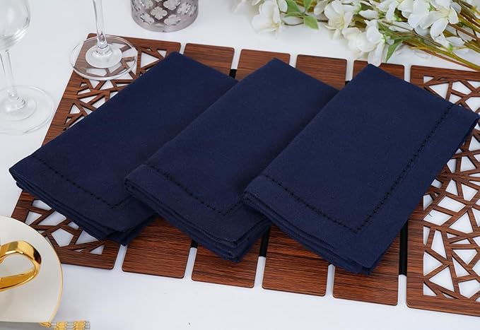 Blue Needles Navy Blue Hemstitch Linen Napkins Set of 12-100% Cotton Cloth Dinner Napkins 18x18 inches, Soft, Reusable, Absorbent, Washable Ideal for Spring Summer Easter Parties & Everyday Use