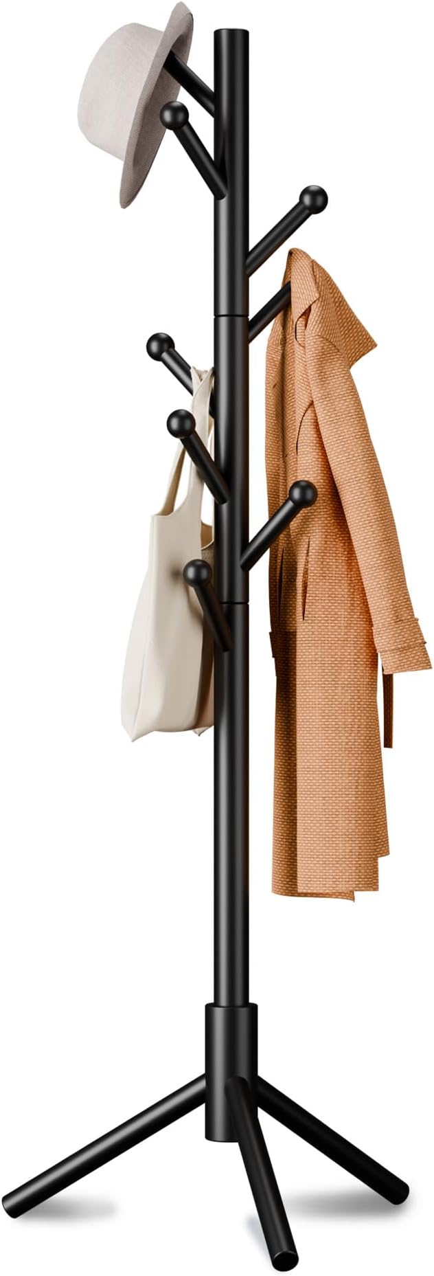Coat Rack, Coat Racks Freestanding with 8 Hooks 3 Adjustable Heights for Clothes, Hats, Handbags, Coat Tree Easy Assembly for Entryway, Bedroom, Hallway, Office(Black)