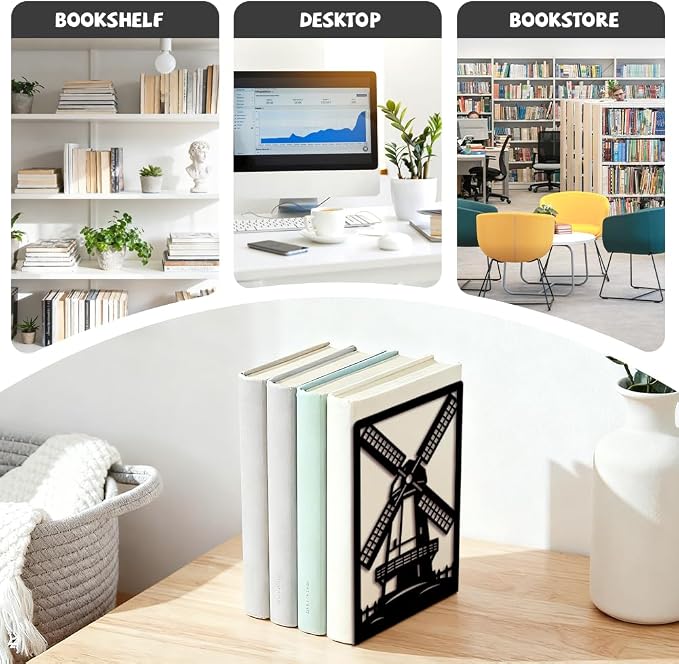 Peacoblue Metal Bookends for Shelves, Modern Decorative Heavy Duty Study Book Ends Stoppers for Office, Desk, Shelf, Room 5.3"x4.3"x7.9" Cast Iron Tall Bookends 1 Pair (Dutch Windmill and Fence)