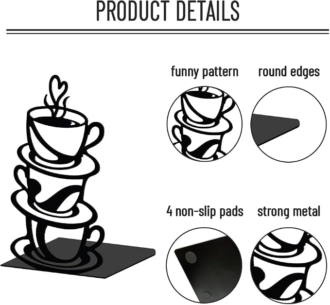 WADORN 1 Pair Coffee Cup Metal Decorative Bookend for Shelves, Heavy Duty Book Ends Non-Skid Books Holder Stand Black Book Support Stopper for Coffee Books Desk Bookshelf Office Home, 5.3x4.3x7.9 Inch