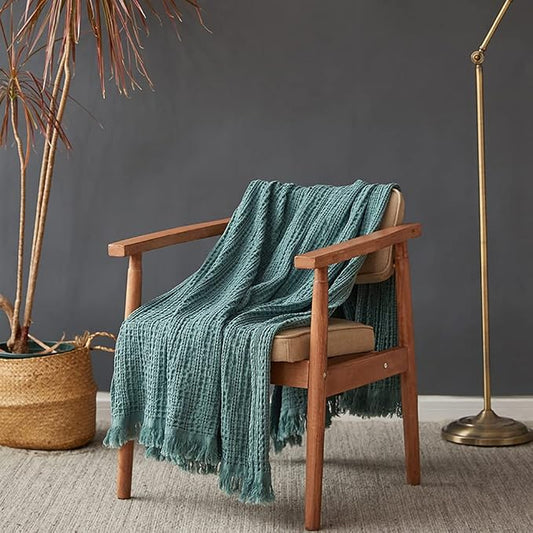 Simple&Opulence 100% Cotton Throw Blanket for Couch, Bed, Waffle Weave Cable Knit Blanket with Tassels, Soft Lightweight Pre-Washed Breathable Cozy Blanket Farmhouse Decoration for All-Season (Green)