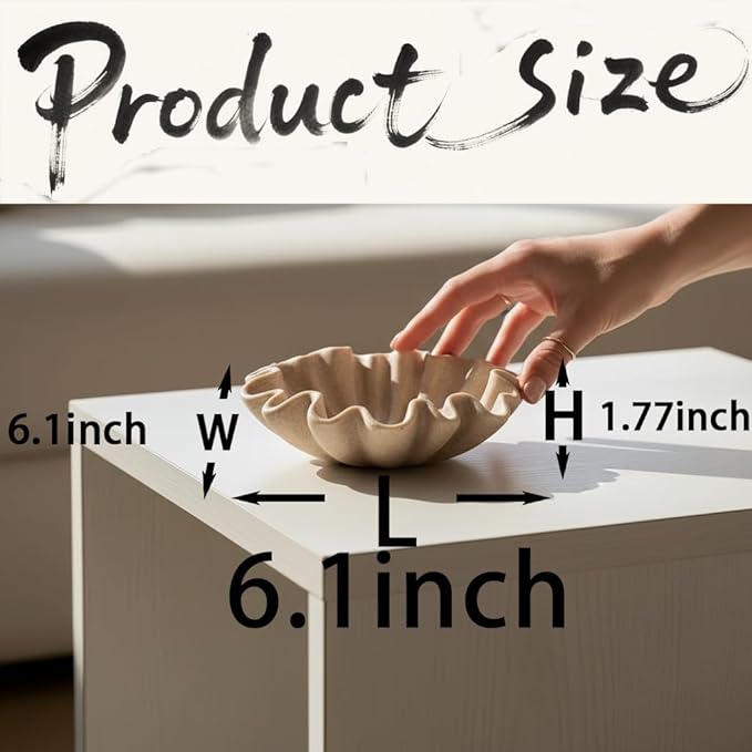6" Small Handmade Decorative Bowl decor , Handicraft Scalloped Bowls for Modern Home Decor,Ruffle Decor,Key Bowl for Entry Table,Decorative Fruit Bowl for Kitchen Counter,Artificial Stone Beige