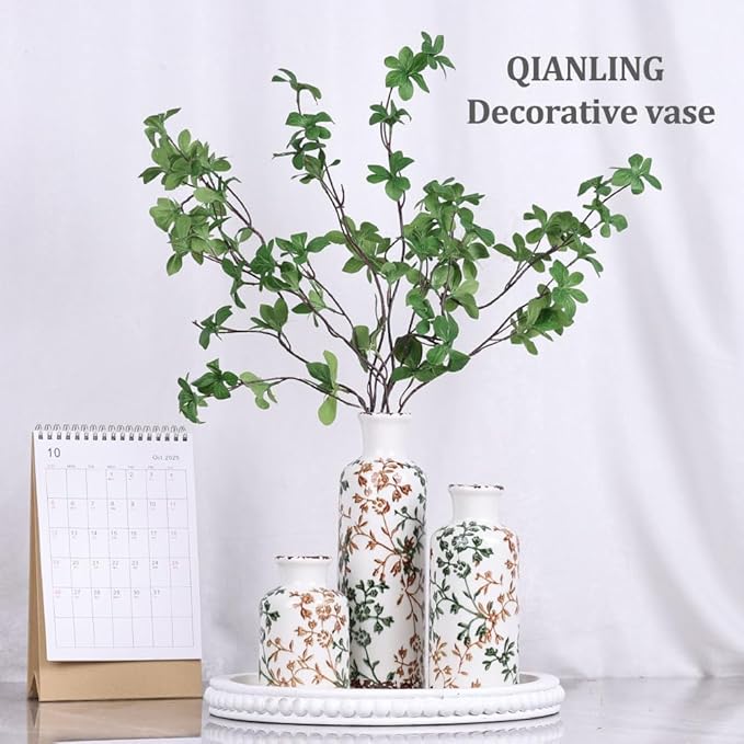 Green Ceramic Vase Set of 3 - Modern Rustic Farmhouse Decorative Vases for Dining Table, Shelf, Bedroom, Living Room, Kitchen, Office, Bathroom, Mantle, Centerpiece Décor