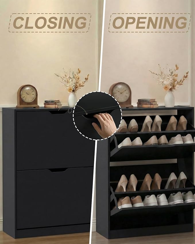Shoe Cabinet Organizer with 2 Flip Drawers, Freestanding Narrow Rack with Adjustable & Removable Shelves, Slim Shoe Storage for Entryway, Foyer, Hallway, Black