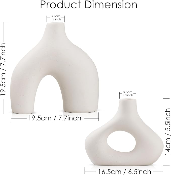 White Ceramic Vase Set of 2 - Minimalist Nordic Style, Matte Donut Vases for Pampas Grass, Ceramic Hollow Donut Vase Decor, Flower Vases for Living Room Wedding Coffee Table Bookshelf Office Decor