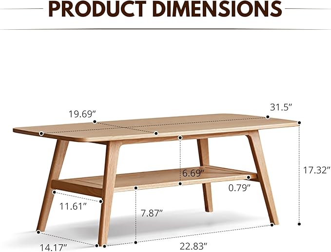 Solid Wood Coffee Table - Modern Wooden Center Coffee Table with Storage Shelf for Living Room,Apartment and Office