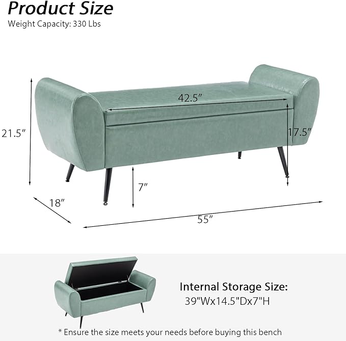 Storage Bench for Bedroom, 55" Extra Long Bench for King Size Bed, Modern Upholstered End of Bed Ottoman Bench with Arms for Entryway Living Room (Vegan Leather, Sage Green)