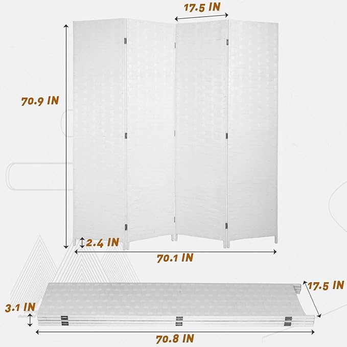 PayLessHere Room Divider 6FT Wood Mesh Hand-Woven Room Divider, 4-Panel Indoor Folding Portable Partition Screen,White