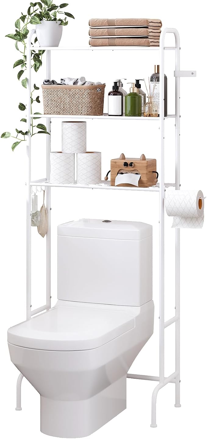 Over The Toilet Storage,3-Tier Heavy Duty Metal Bathroom Organizer, Freestanding Space Saver with Wide Shelves for Towels & Toilet Paper (White)