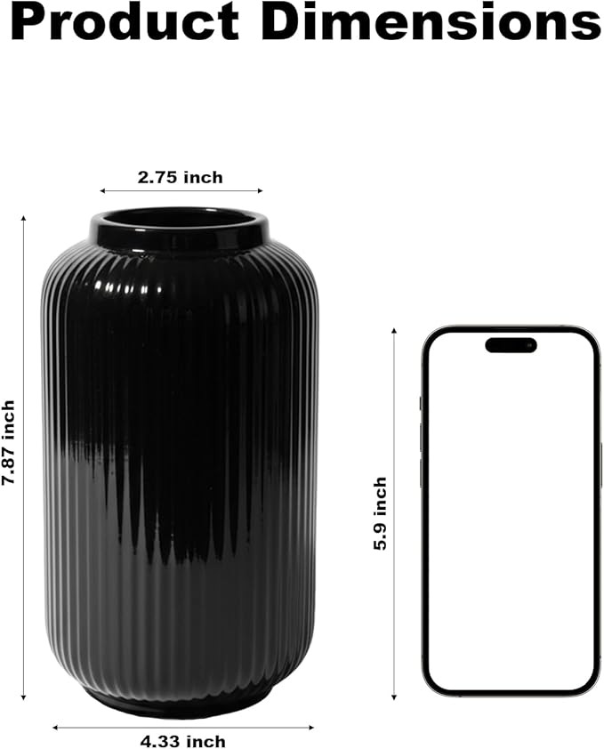 Black Ceramic Vase, 7.87 Inch Modern Small Ribbed Textured Flower Vase for Pampas Grass & Dried Flowers - Minimalist Home Decor, Watertight, Non-Slip Base