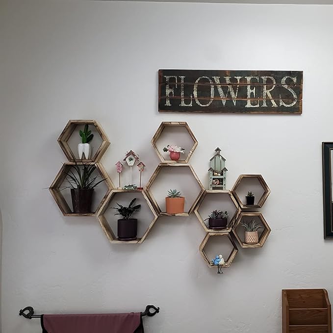 WONFUlity Hexagon Floating Shelves Honeycomb Shelves Wall Mounted Wood Farmhouse Storage Wall Shelf for Bathroom, Kitchen, Bedroom, Living Room,Driftwood Finish Decor,Dark Brwon