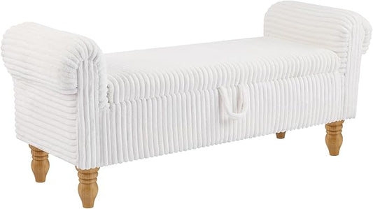 Storage Bench for Bedroom, Ottoman with Storage, Upholstered Ottomans Benches with Rolled Arms for Bedroom End of Bed, Living Room, Entryway (Corduroy/White)