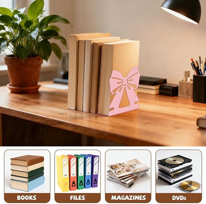 Peacoblue Metal Bookends for Shelves, Modern Decorative Heavy Duty Study Book Ends Stoppers for Office Desk Shelf, Room 5.3"x4.3"x6.1" Cast Iron Tall Bookends 1 Pair (Pink Bow)