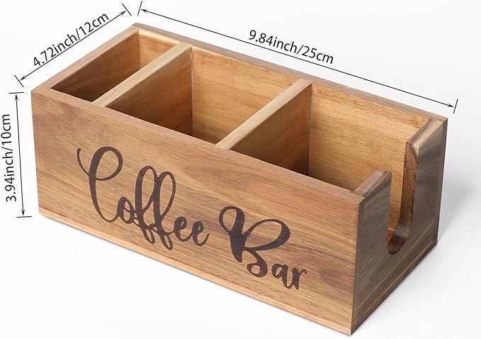 Acacia Wood Station Organizer,Coffee Station Organizer for Cup Lid Stirrers Pod, Disposable Coffee Cup Holder, Farmhouse Accessories Decor, Brown Labeled "Coffee Bar"