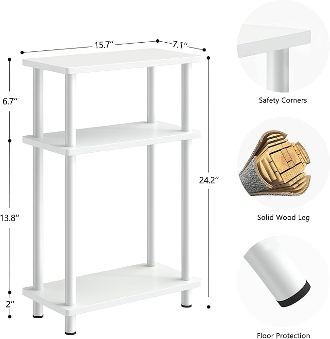 Apicizon Small Narrow Side Table, 3-Tier Skinny End Table with Storage Shelf, Slim Nightstand Bedside Table for Small Spaces, Living Room, Bderoom, White