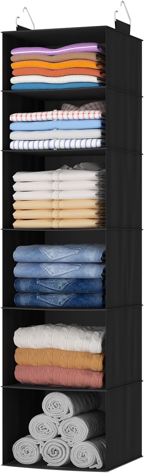 Lifewit 6 Tier Hanging Closet Organizer and Storage for Shelves, Foldable Clothes Storage Shelf with 2 Sturdy Hooks for Clothing Organization, Dorm Room Essentials for Guys, Black