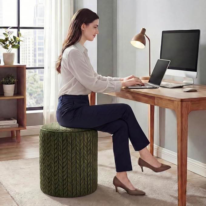 Modern Round Vanity Stools 2PCS, Small Wheat Pattern Ottomans, Cute Velvet Foot Stools, Tufted Fabric Footrest, Upholstered Vanity Chairs, Stools for Makeup, Bedroom(2, Wheat Pattern-Dark Green)
