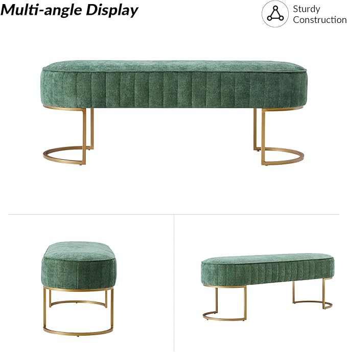 EcoHarbor Living 46" Velvet Bench, Upholstered Entryway Bench End of Bed with Gold Legs, Bed Ottoman Bench for Bedroom Living Room Footrest Stools, Green