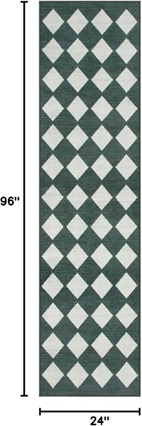 Lahome Zelie Checkered Washable 2x8 Green Runners for Hallways Non Slip, Ultra-Thin Kitchen Bathroom Runner Rugs, Moroccan Trellis Throw Carpet Runner for Bedroom Entryway Decor (2'x8',Dark Green)