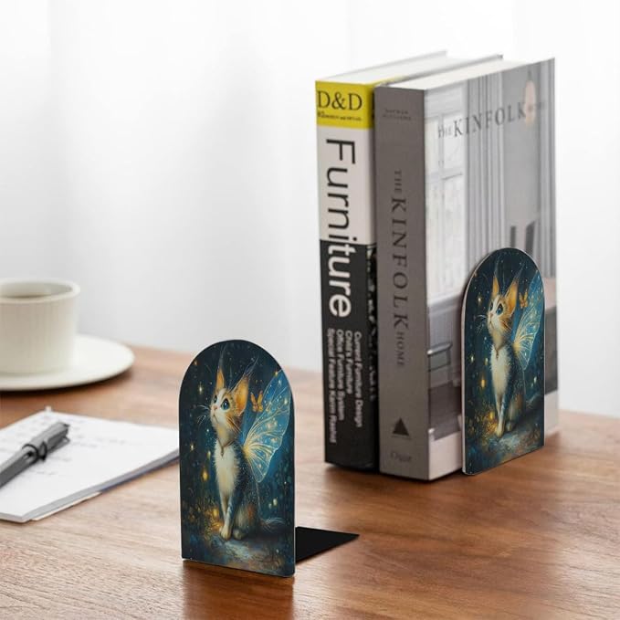 Funny Galaxy Butterfly Cat 2Pcs Book Ends for Shelves Non-Skid Wood Bookends Decorative Back to School Books Holders Book Stoppers Bookshelf Accessories for Desk Home Office School Decor (1 Pair)