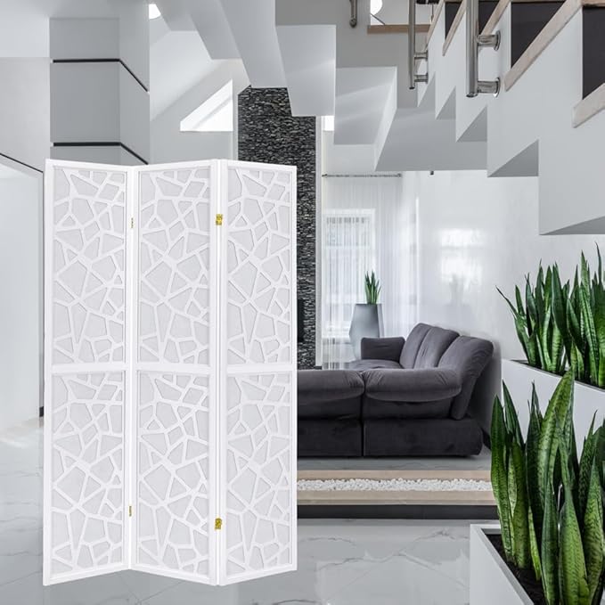 Legacy Decor 3 Panel Room Divider Privacy Screen with Mosaic Cuts White Color