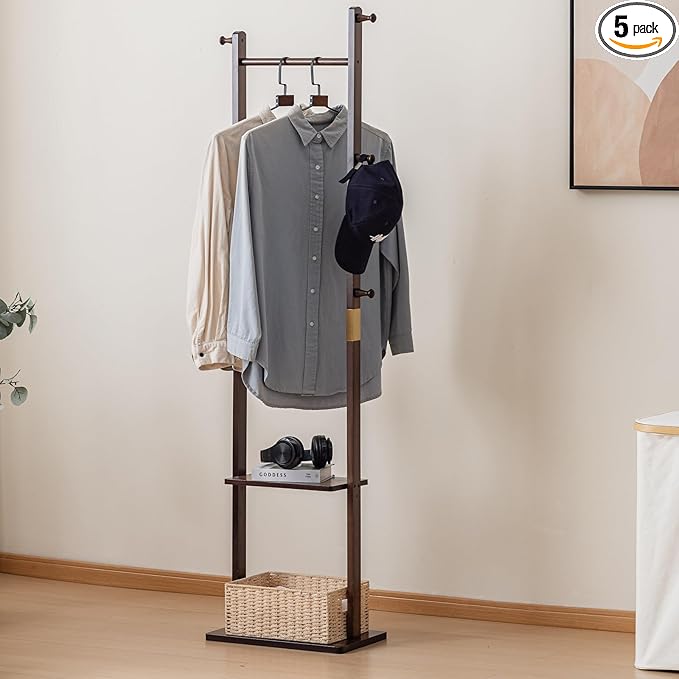 Clothes Rack Solid Wood Coat Rack with Shelves and Hooks – Garment Clothing Rack Coat Rack with Storage for Hallway, Bedroom, Living Room, 15.75 inch, Walnut