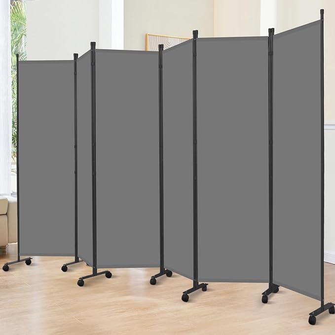 Room Divider 6FT Room Partition with Lockable Wheels, (Thicked Metal Base) Room Dividers, Freestanding Indoor Folding Privacy Screens, Portable Fabric Wall Divider for (Grey, 132"- 6 Panel)
