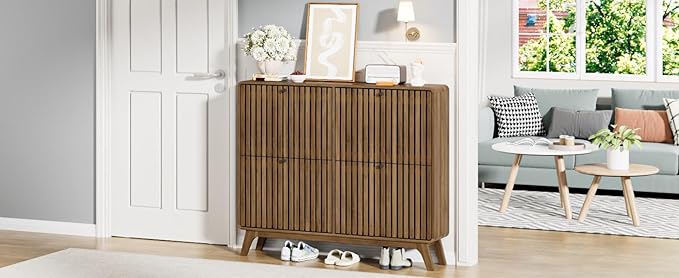 Jluomei Large Shoe Cabinet for Entryway, Bamboo Narrow Shoe Cabinet Storage with 4 Flip Drawers, Slim Fluted Shoe Rack Organizer for Entry Way, Hallway, Thin, Skinny, Wood, Walnut