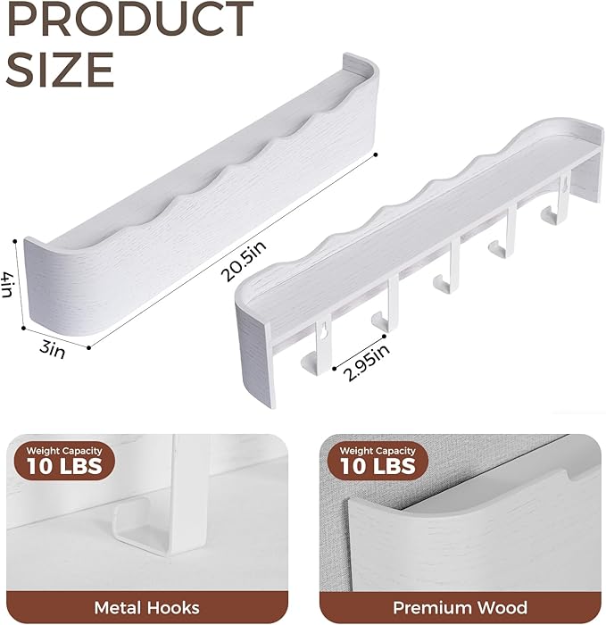 Coat Rack Wall Mount with Shelf Entryway Shelf Modern Key Holder Hanger Wall Shelves with Hidden Hooks for Hanging Towels Coats Hats Bags for Hallway Bathroom Bedroom (Wavy White, 5 Hooks)