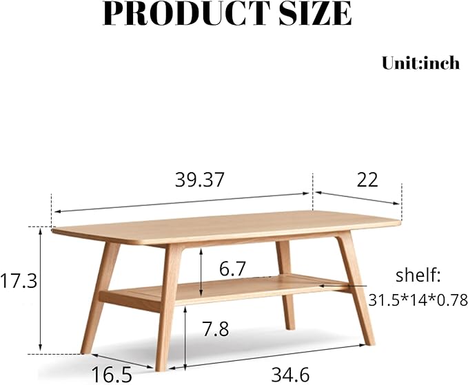 Solid Wood Coffee Table - 2-Tier Wooden Center Coffee Table with Storage Shelf for Living Room, Apartment, and Office