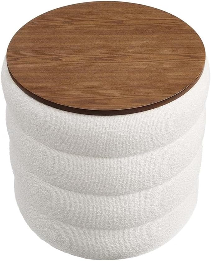 Modway Mezzo Round Boucle Fabric Storage Ottoman Stool in Cloud - Channel Tufted Ottoman - Upholstered Footrest - Versatile End or Side Table with Storage
