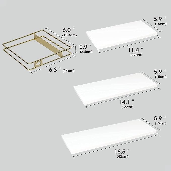 J JACKCUBE DESIGN White Wood Floating Shelves, Set of 3 Wall Mounted Hanging Shelves with Gold Wire Frames for Bedroom. Living Room, Kitchen, Bathroom and Office - MK696C