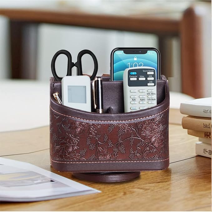 360° Rotating Remote Control Holder, PU Leather TV Remote Caddy Organizer Basket Storage Box with 5 Compartments for Pen, Pencil, Art Supplies, Makeup Brush, Office Desk Table Accessories