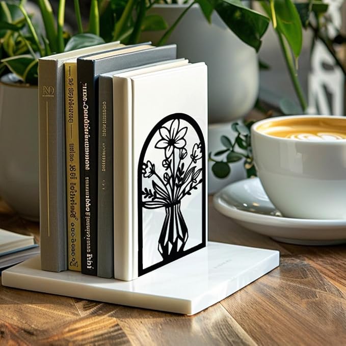 Peacoblue Metal Bookends for Shelves, Modern Decorative Heavy Duty Study Book Support Stoppers for Office, Desk, Shelf, Room 5.3"x4.3"x7.9" Cast Iron Simple Bookends, 1 Pair (Vase with Flowers)