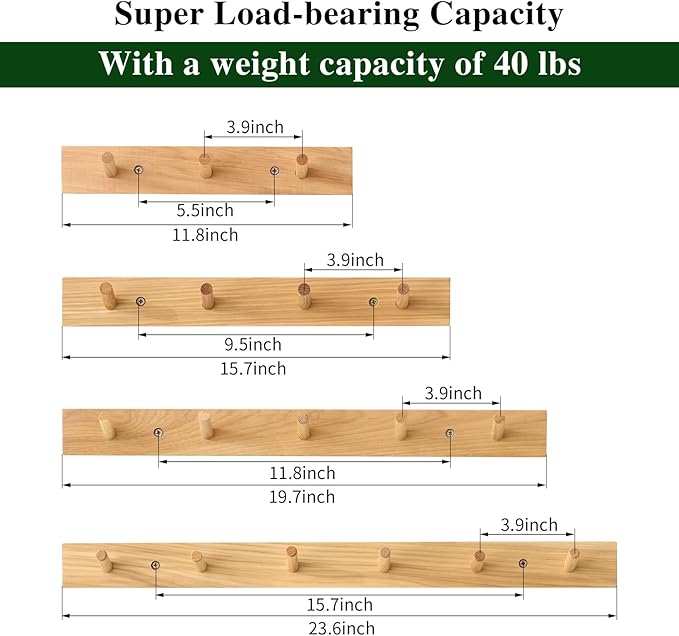 Hickory Wood Coat Rack Wall Mount 12 inches, Wooden Coat Hooks with 3 Hooks Coat Hanger for Hanging Hat Jacket Purse, Wall Hooks for Entryway, Bathroom, Bedroom, Natural
