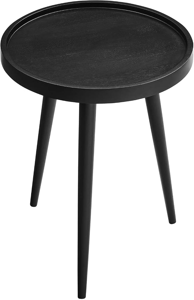 Modway Chiro Solid Wood Side Table in Black with Tray Top - Mid-Century Modern Round Accent Table - Small Bedside Table with Tapered Legs - Living Room End Table