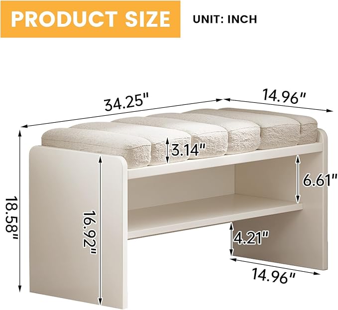 2-Piece Modern Shoe Bench with Storage, Shoe Rack with Cushion Upholstered Fabric Shoes Changing Stool with 2 Tier Storage Space for End of Bed Entryway Bedroom Living Room, Cream White