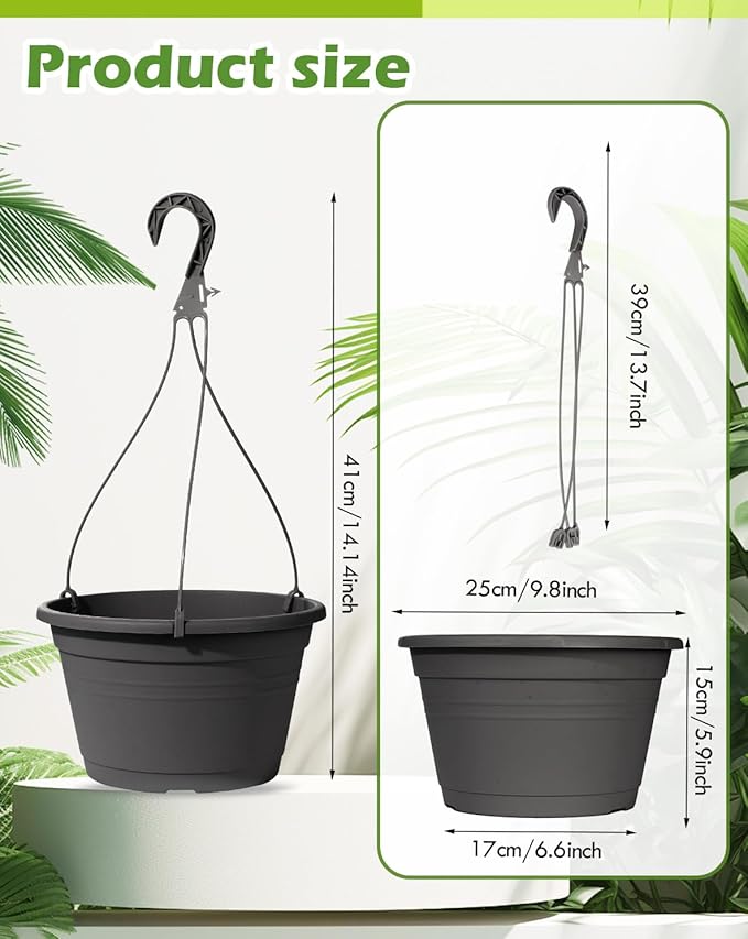 4 Pcs Hanging Planters,10" Hanging Pots Plastic Hanging Flower Plant Basket with Drainage Trays & Chain Holder for Outdoor Indoor Plants Garden Balcony Decoration, Dark Gray