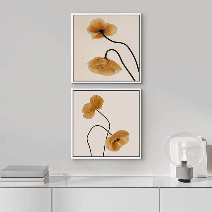 SIGNFORD Framed Canvas Print Wall Art Set Minimal Floral Poppy Soft Beige Botanical Modern Art Relax/Calm for Living Room, Bedroom, Office - 24"x24"x2 WHITE