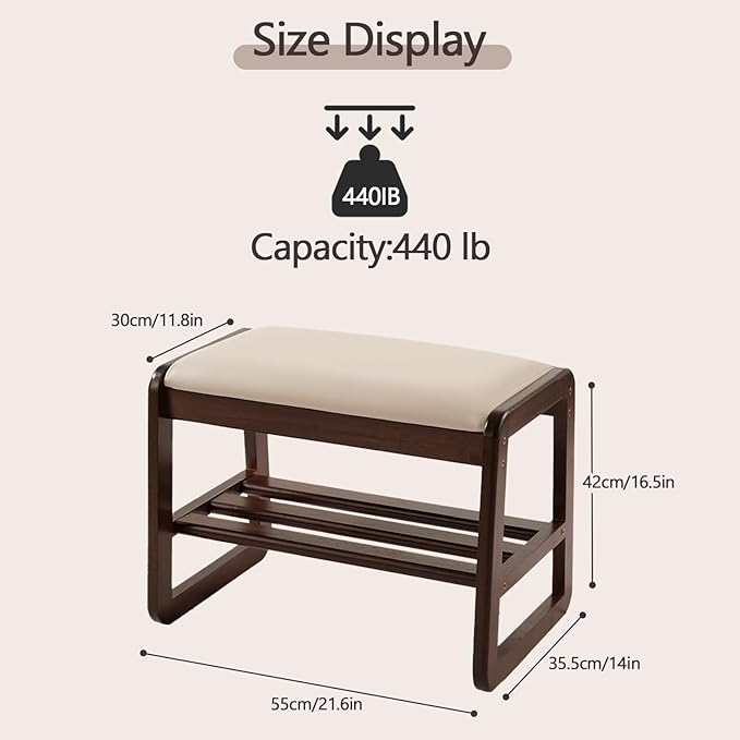 Achicsofar Small Shoe Rack Bench,2 Tier Solid Wooden Entryway Bench with Shoe Storage, Shoe Rack with Cushion for Living Room, Hallway(Pu Beige, 21.6")