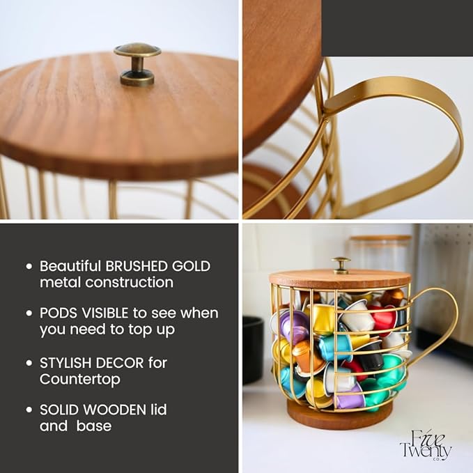 Coffee Pod Holder - Compatible with Nespresso Vertuo Pods and Capsules - Gold Metal K Cup Holder - Cute Coffee Pod Basket w/ Wooden Base & Lid - Coffee Pod Storage - Coffee Bar Decor