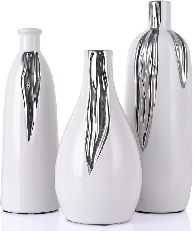 Ceramic Vase 3 Piece Set, White and Silver Vases for Home Decor, Decorative Vases for Mantels, Shelves and Entryway Decor, Dining Table Centerpieces, Living Rooms, Fireplaces and Kitchen Decor.