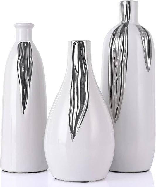 Ceramic Vase 3 Piece Set, White and Silver Vases for Home Decor, Decorative Vases for Mantels, Shelves and Entryway Decor, Dining Table Centerpieces, Living Rooms, Fireplaces and Kitchen Decor.