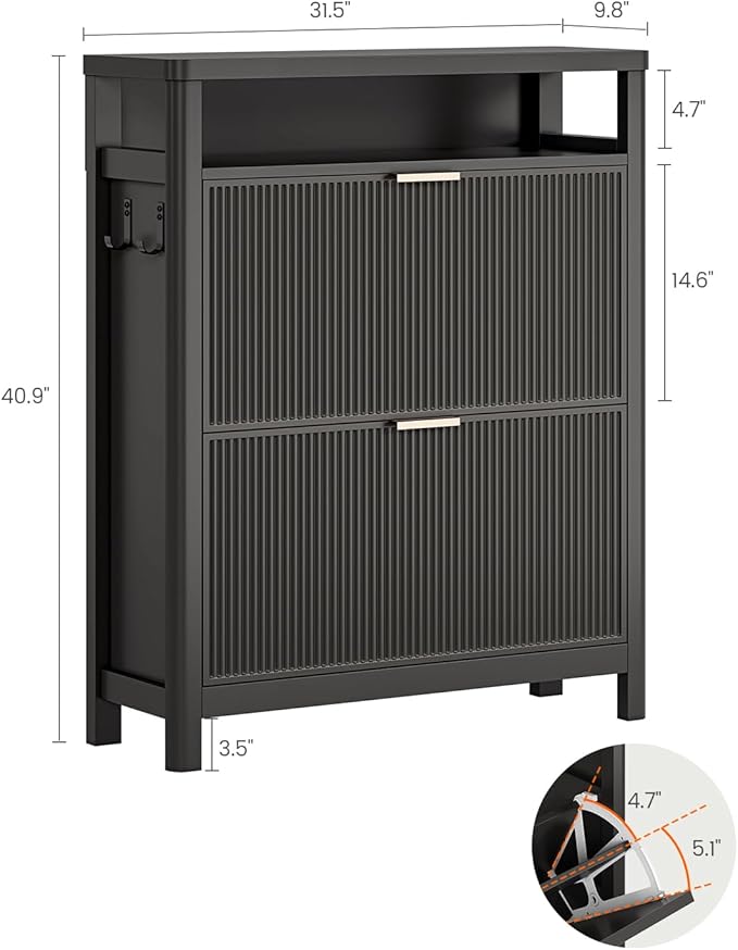 AOGLLATI Shoe Cabinet Storage,Narrow Fluted Shoe Rack Cabinet with 2 Flip Drawers, Wooden Freestanding Organizer with Open Storage Space for Entryway,Black