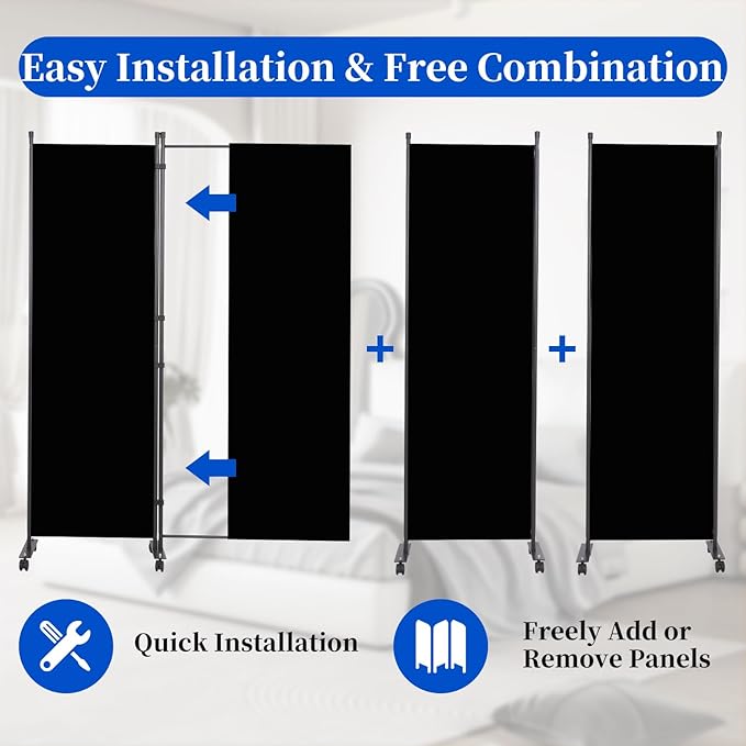 Room Divider 6FT Room Partition with Lockable Wheels, (Thicked Metal Base) Room Dividers, Freestanding Indoor Folding Privacy Screens, Portable Fabric Wall Divider for (Black, 88"- 4 Panel)