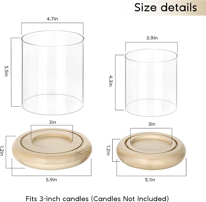 Set of 2 Hurricane Glass Candle Holders with Natural Brown Wood Base Decorative Candle Lantern, Farmhouse Rustic Boho Table Centerpieces Decor for Living Room, Outdoor Home Decor