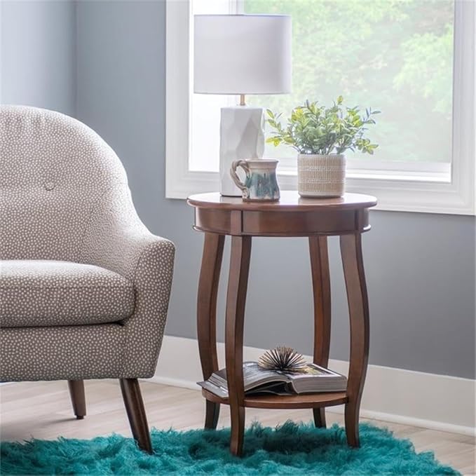 BOWERY HILL Round Wood End Table, Brown Finish, 24" H x 18.5" W x 18.5" D, 1 Shelf, Contemporary Design, Rustic Accent Table for Living Room Storage and Decor
